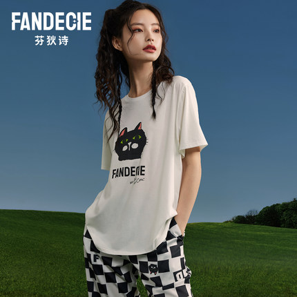 芬狄诗纯棉短袖t恤冰丝棋盘格长裤时尚可外穿家居服套装女FL00321