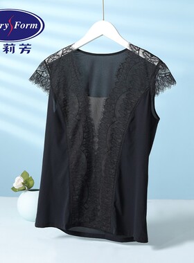 安莉芳夏季性感黑色睫毛蕾丝打底外穿短袖t恤薄款上衣女ED00261