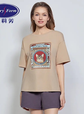 安莉芳夏季情侣印花猫咪短袖圆领t恤短裤家居服EL00584 ELM0586