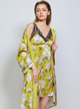 安莉芳夏季冰丝凉爽缎面雪纺印花系带睡袍女士宽松睡衣EL00546