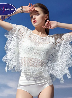 安莉芳性感纯白色蕾丝罩衫三角包臀比基尼分体泳衣3件套女ES00191