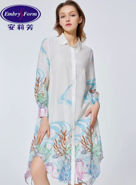安莉芳夏季印花桑蚕丝棉长袖衬衫领中长款可外穿家居裙女EL00552