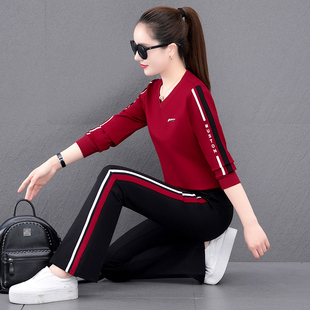 2022新款 时尚 女春秋季 运动套装 减龄显瘦V领卫衣两件套休闲跑步服