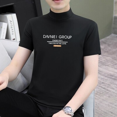 男士半高领短袖t恤春秋新款纯棉修身印花汗衫中领半截袖打底上衣