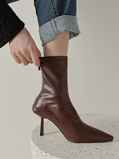 SW显腿瘦~软皮弹力瘦瘦靴子气质尖头细高跟鞋短靴后拉链马丁靴女