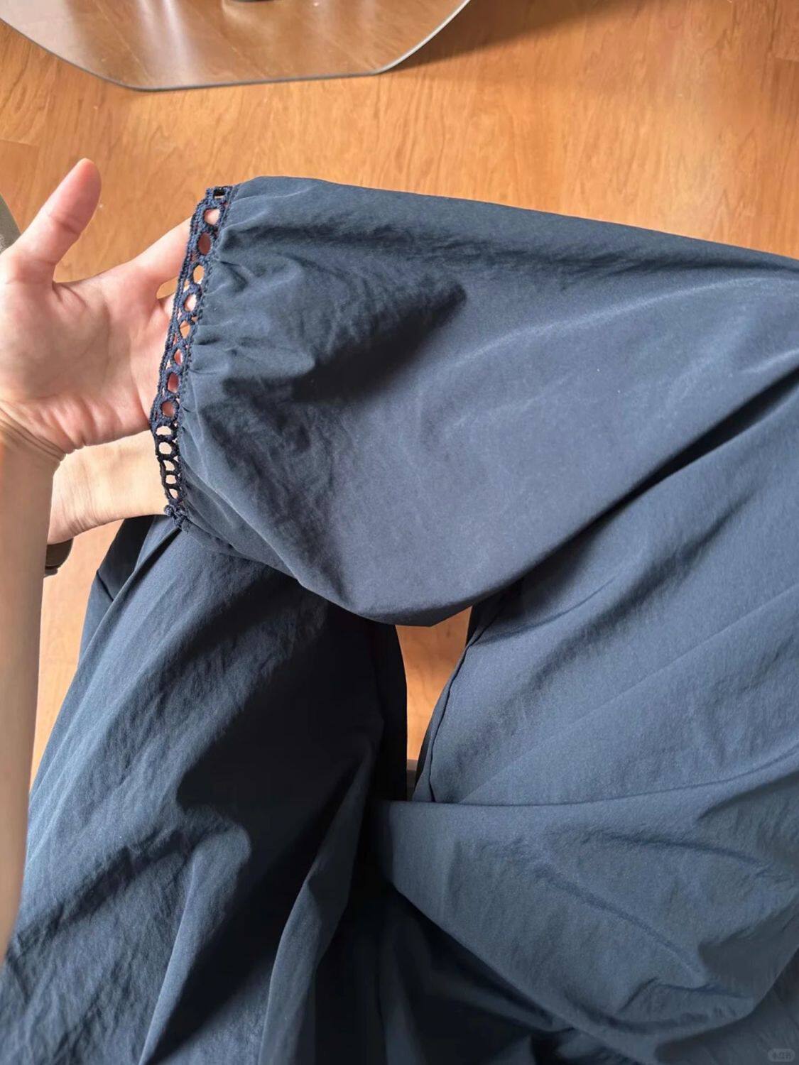 日系灯笼阔腿裤女夏薄款藏青色裤子大码胖mm显瘦小个子花苞九分裤