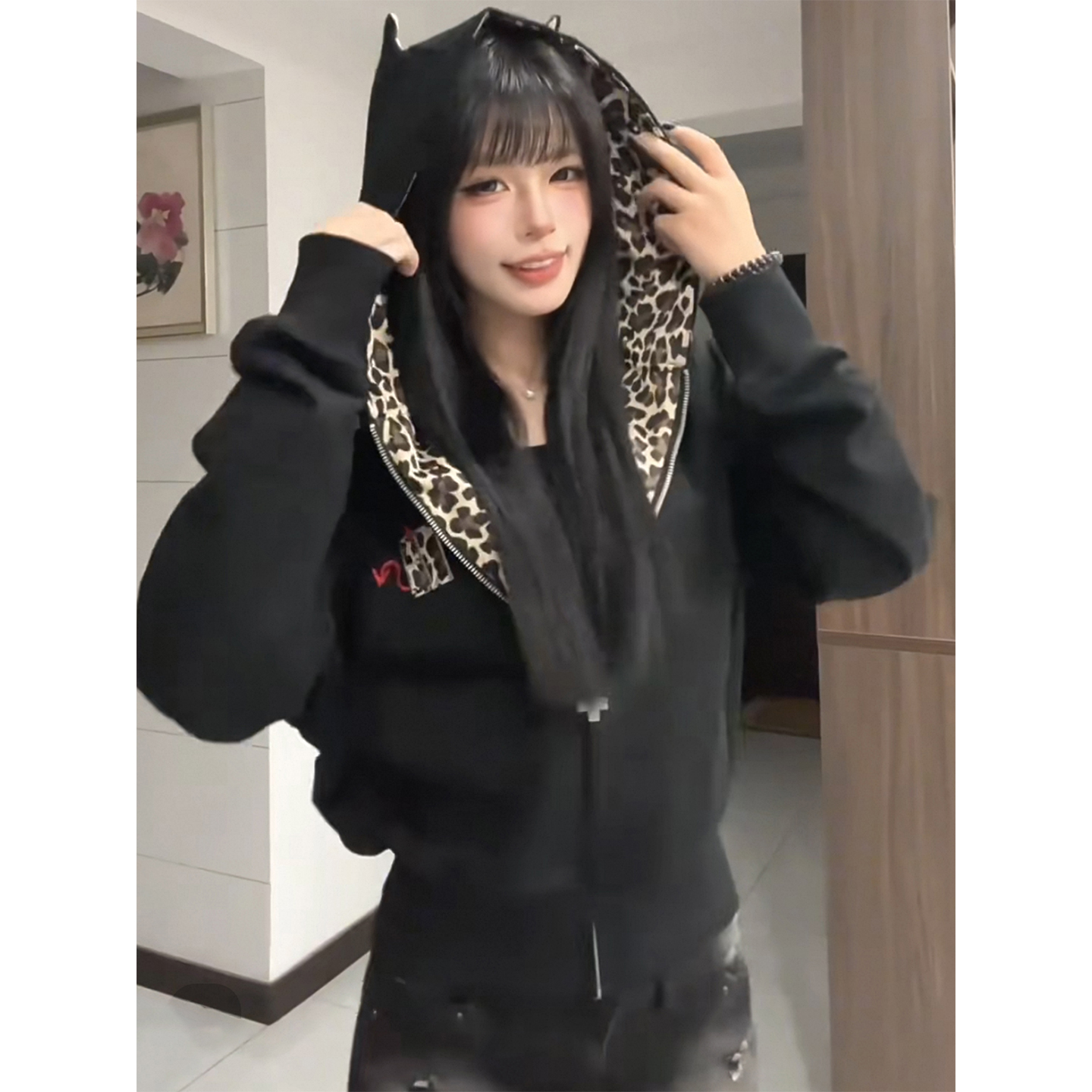 豹纹假两件连帽卫衣女开衫外套