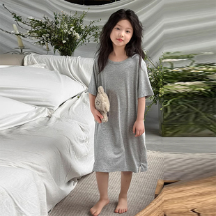 中大童莫代尔夏天薄款短袖直筒裙新款宽松睡裙夏装女孩纯色连衣裙