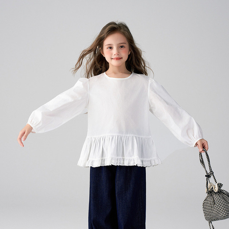 女童春秋季新款衬衫儿童纯棉内搭韩版白色长袖中大童百搭洋气T恤