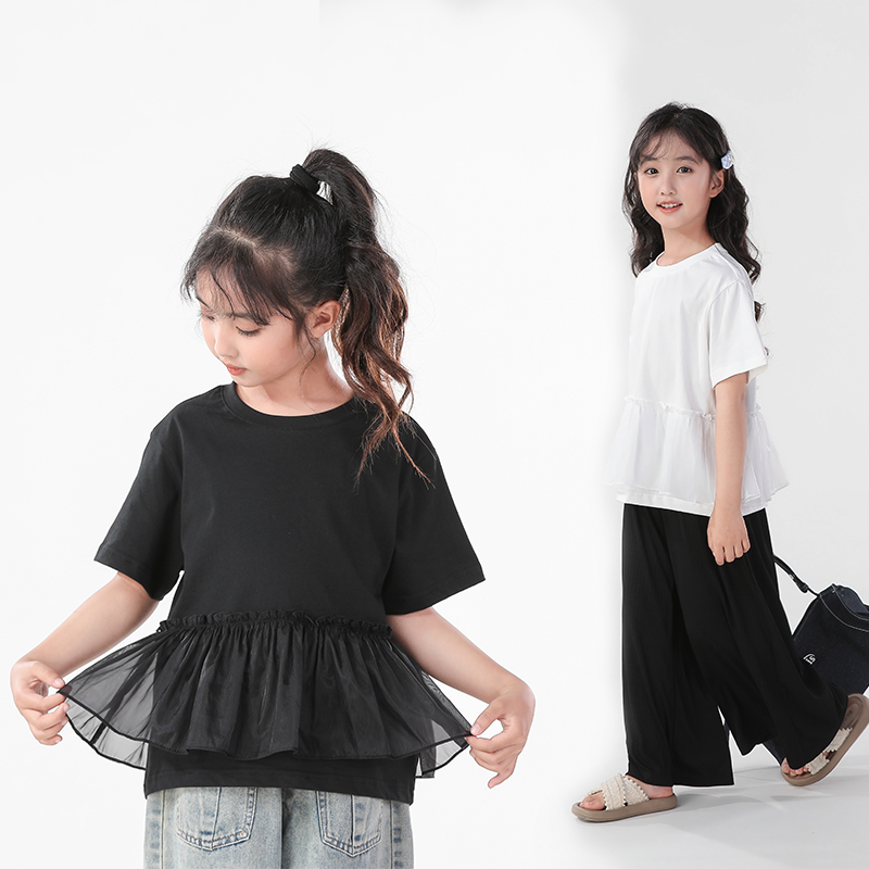 中大童夏季新款女童百搭网纱拼接荷叶边短袖衣儿童蛋糕蓬蓬裙上衣