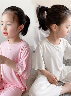 儿童莫代尔罗纹套装睡衣女童五分袖家居服夏季新款宽松薄款空调服