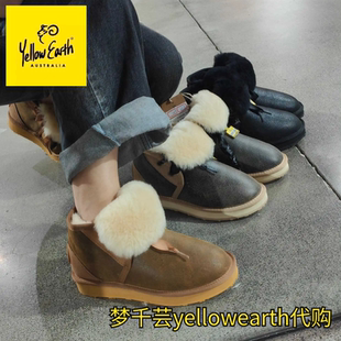 新款防水涂层yellow earth羊皮毛一体平跟雪地靴保暖系带短靴龟裂
