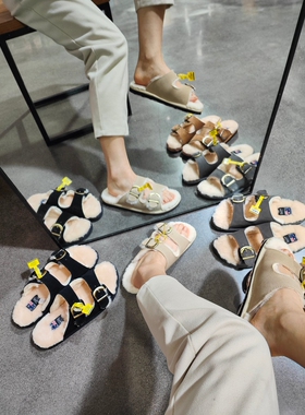 Yellow Earth复古特价秋冬羊毛皮一体双搭扣毛拖舒适外穿女拖鞋61