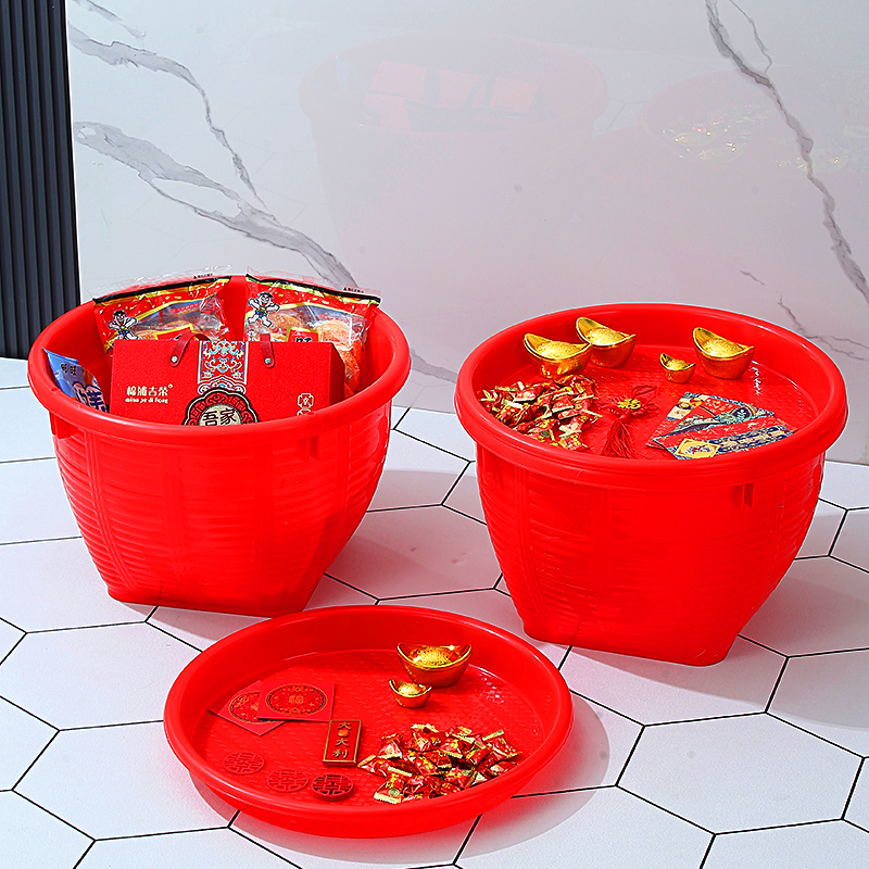 潮汕结婚子孙桶喜事塑料红桶乔迁八角大红带盘箩筐箩水果担粮食箩