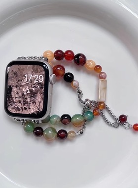 适用于iwatchs910苹果手表s8彩色玛瑙水晶表带applewatch串珠手链