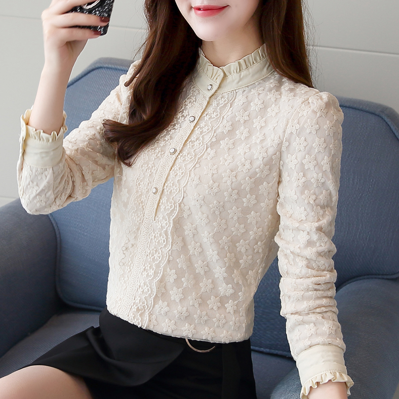 韩国蕾丝打底衫2024秋冬新款女装保暖加绒加厚木耳领立领长袖上衣
