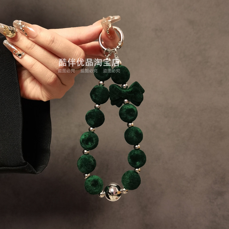 创意绿丝绒蝴蝶结串珠手提链手腕短挂绳手机壳汽车钥匙扣包包挂件