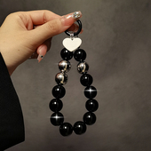 个性 创意黑色珠子手提链条手腕短挂绳带夹片手机壳钥匙扣挂件女潮