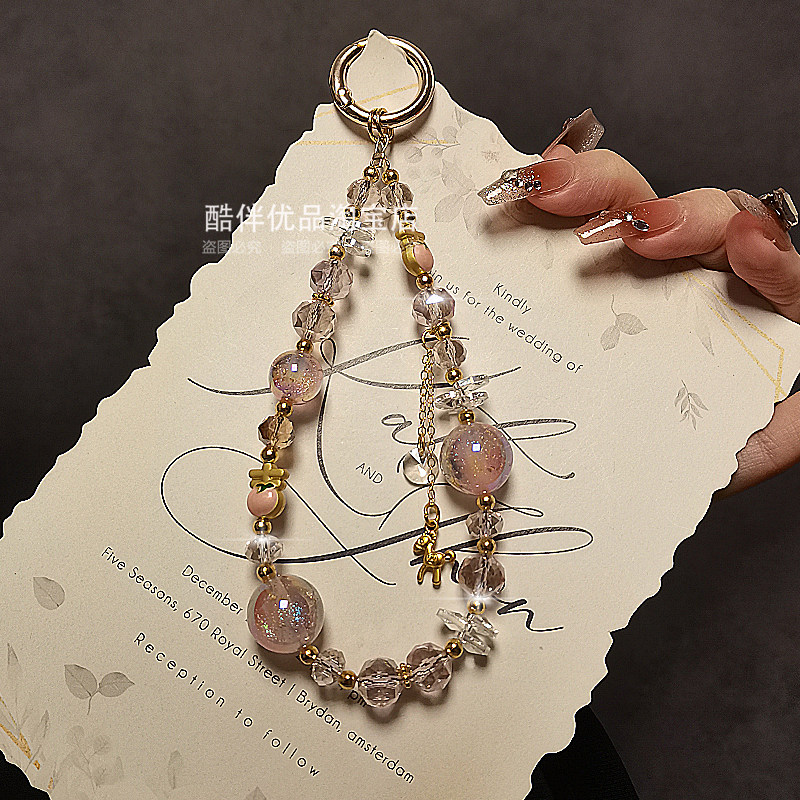 奢华高级感粉水晶串珠手提链手腕短挂绳手机壳汽车钥匙扣包包挂件,3C数码配件,手机挂件/手机链,淘宝优惠券,粉丝福利购,淘宝优惠卷