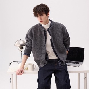 咖色老钱风拼接假两件格子针织衫 痞帅叠穿毛衣外套休闲线衣 男冬季