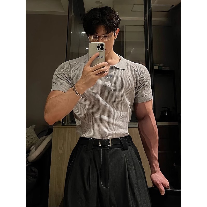 灰色镂空针织短袖男款夏季美式cleanfit修身翻领t恤高级感POLO衫