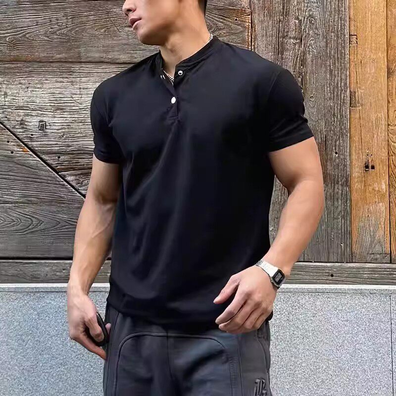 硬汉风黑色亨利领收袖口短袖T恤男款夏季高级感痞帅健身运动上衣