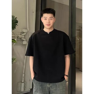 黑色金属小v领短袖男款夏季高级感痞帅正肩t恤cleanfit重磅五分袖