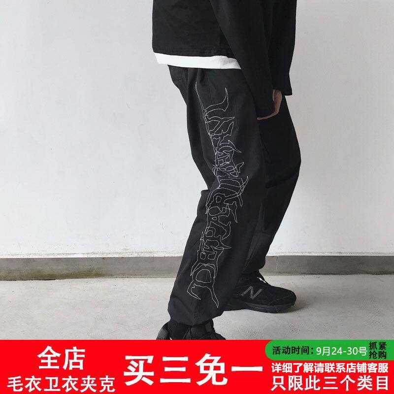 港风chic刺绣忍者裤子男女暗黑高街宽松直筒裤潮牌嘻哈运动束脚裤