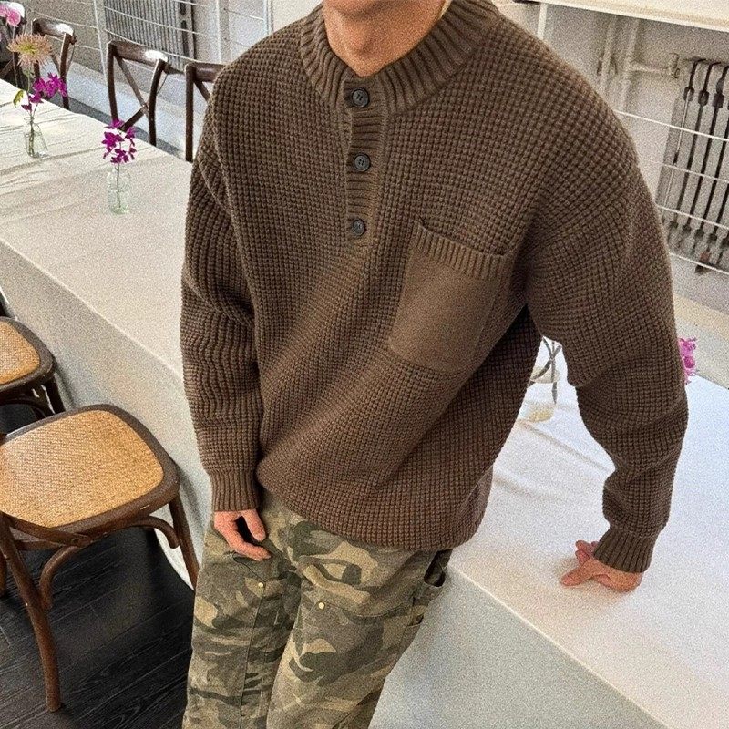 老钱风咖啡色亨利领针织衫外套男款秋冬季高级感痞帅保暖毛衣内搭