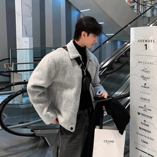 浅灰色翻领毛呢夹克男春秋韩版 棉服拉链外套 英伦风高级感加厚短款