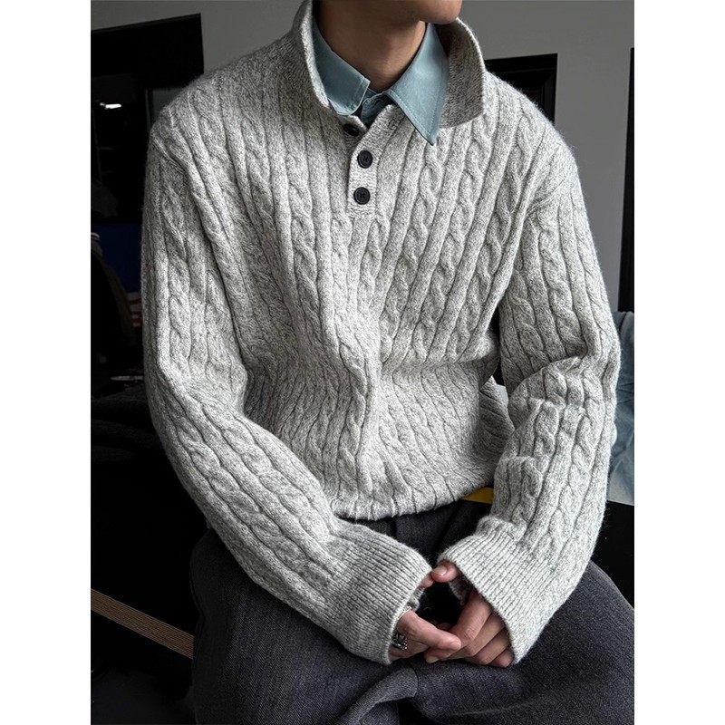 灰色绞花纹翻领针织POLO衫男款秋冬新贵老钱风宽松毛衣内搭可外穿