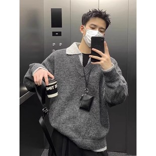 假两件衬衫 外套 领秋冬毛衣男cleanfit内搭上衣高级感老钱风针织衫