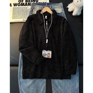 翻领打底polo衫 t恤美式 加绒加厚长袖 黑色半拉链满天星卫衣男冬季