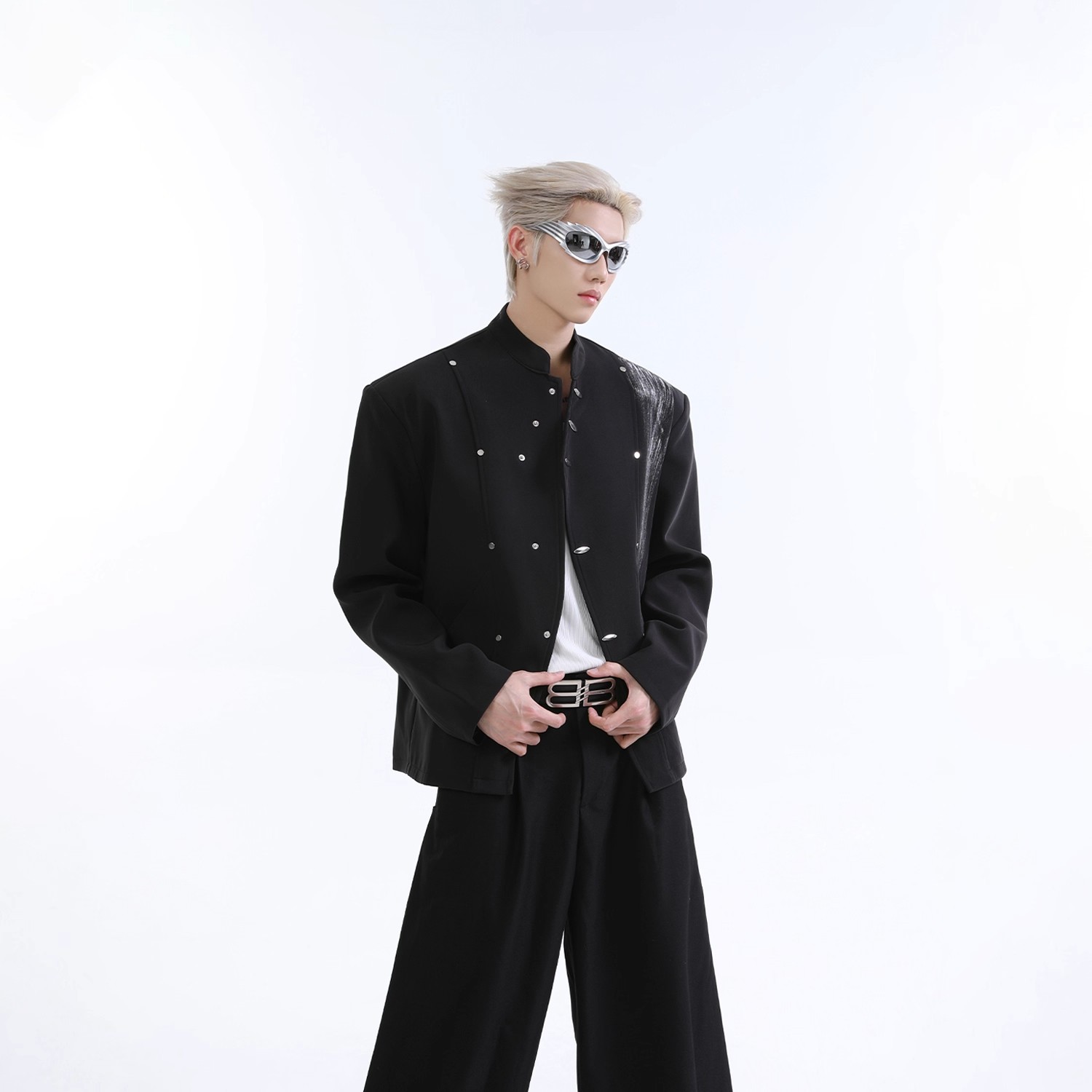 国风新中式泼墨立领金属装饰西服外套春秋季街头潮流百搭西装上衣