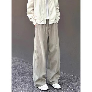 运动卫裤 子宽松直筒休闲裤 男款 加厚压褶重磅微喇裤 冬季 卡其色美式