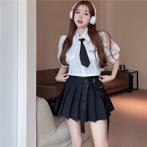 高腰百褶裙套装学院风polo领衬衫
