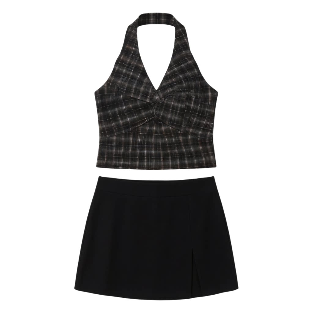 辣妹性感挂脖吊带背心女夏季设计感无袖修身美背上衣高腰短裙套装