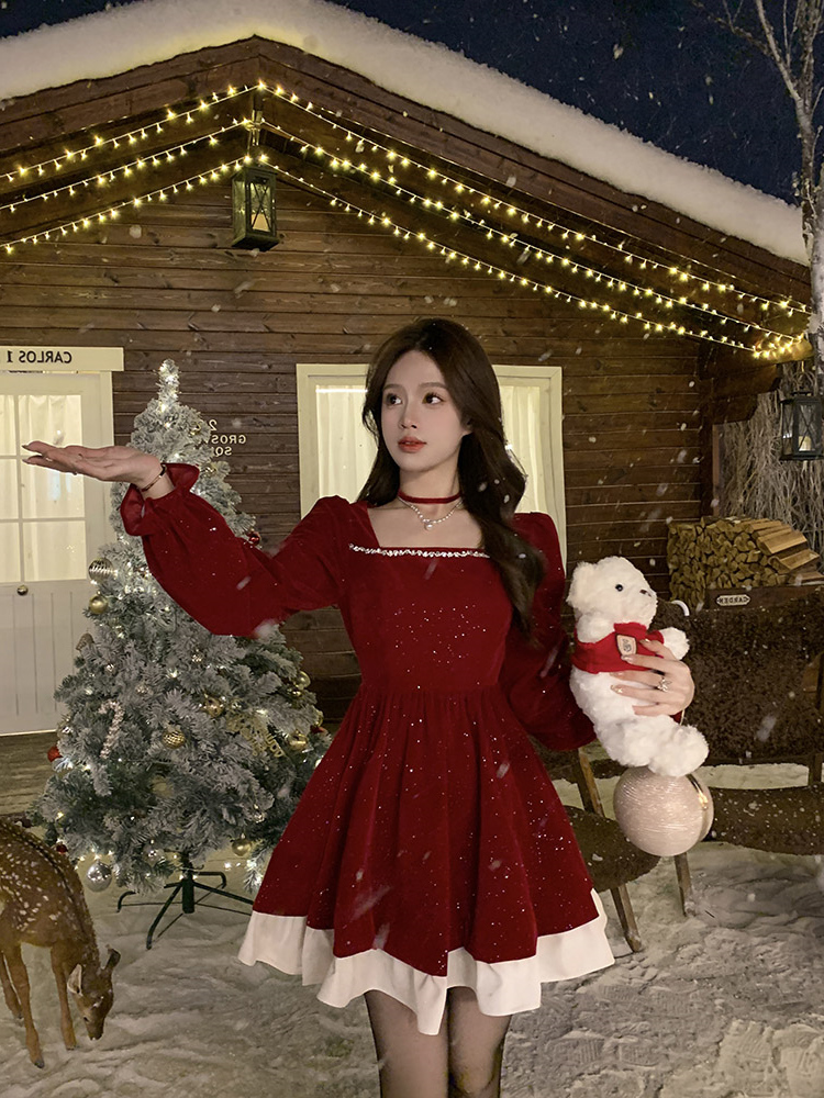 新年高级感圣诞节红色丝绒礼服裙