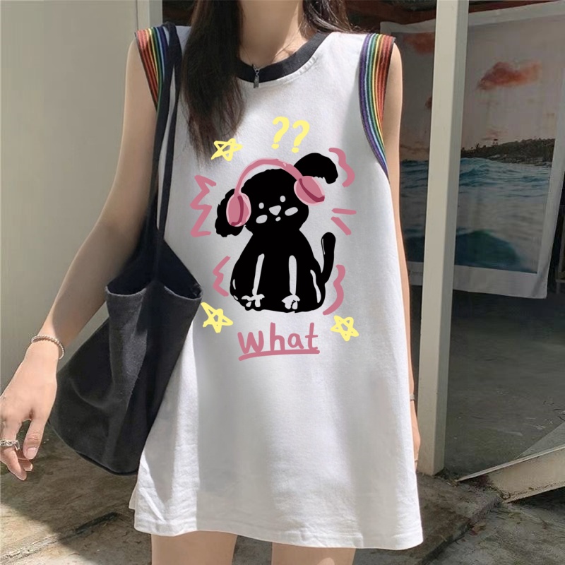 纯棉多巴胺撞色无袖背心女外穿夏2025新款宽松吊带t恤中长款上衣