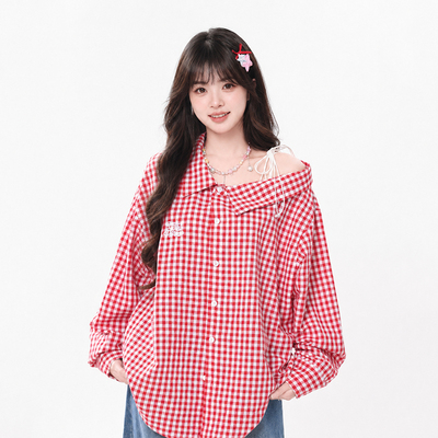 外星辣妹美式红格露肩长袖衬衫