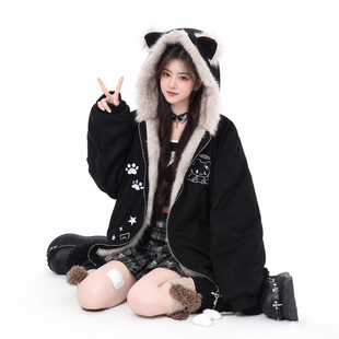 外星辣妹 宅系毛绒猫耳连帽短外套女黑色卡通刺绣保暖可爱风棉服