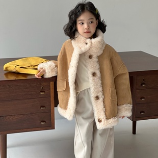 儿童皮草外套冬季新款男女童羊毛一体大衣中大童麂皮绒两面穿衣服