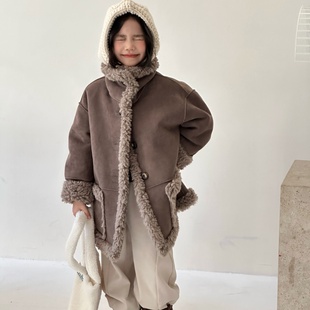 女童皮草外套男女童中长款羊羔毛一体大衣中大童麂皮绒新款衣服冬