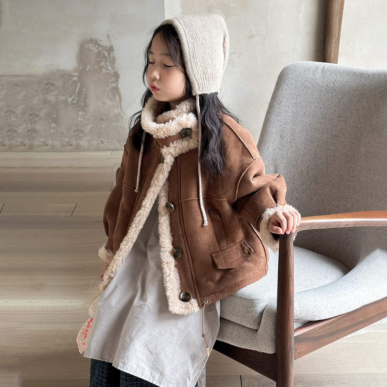 女童皮毛一体外套秋冬新款复古美拉德羊羔毛男童宝宝儿童皮草大衣