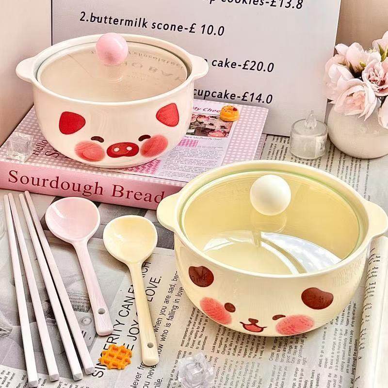 高级卡通可爱小猪猪陶瓷泡面碗带盖勺少女心双耳防烫高颜值大容量,餐饮具,泡面碗,淘宝优惠券,粉丝福利购,淘宝优惠卷