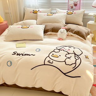冬季 儿童卡通刺绣牛奶绒四件套双面珊瑚绒毛绒床单被套3件套床笠