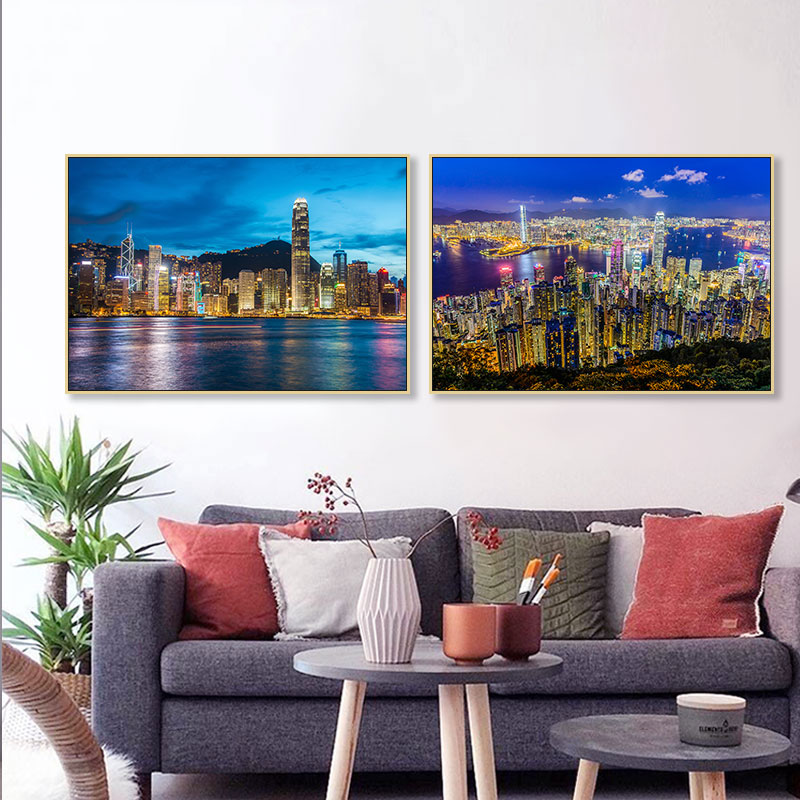 维多利亚港夜景装饰画客厅香港街景城市建筑挂画茶餐厅办公室壁画