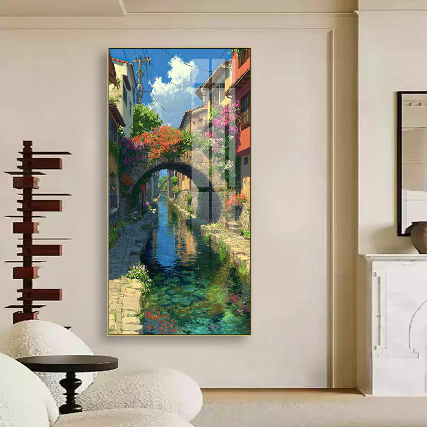 宫崎骏风欧式城市风景玄关装饰画竖版入户走廊清新建筑挂画