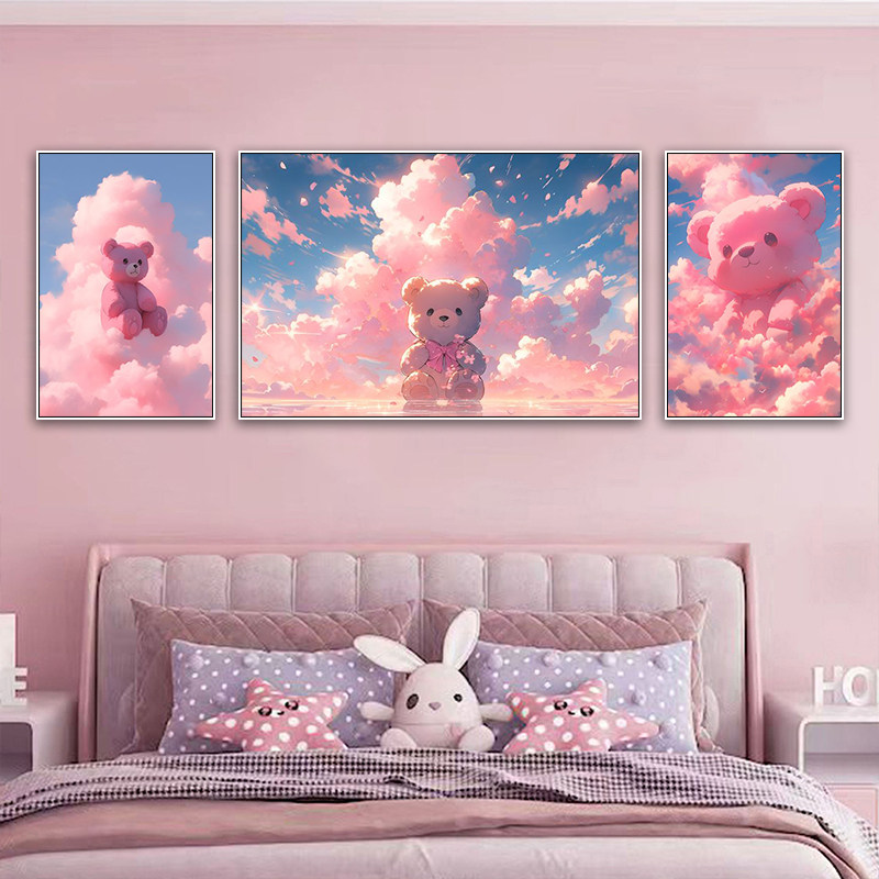 泰迪熊挂画儿童房可爱治愈系粉色小熊装饰画卧室床头卡通动漫壁画