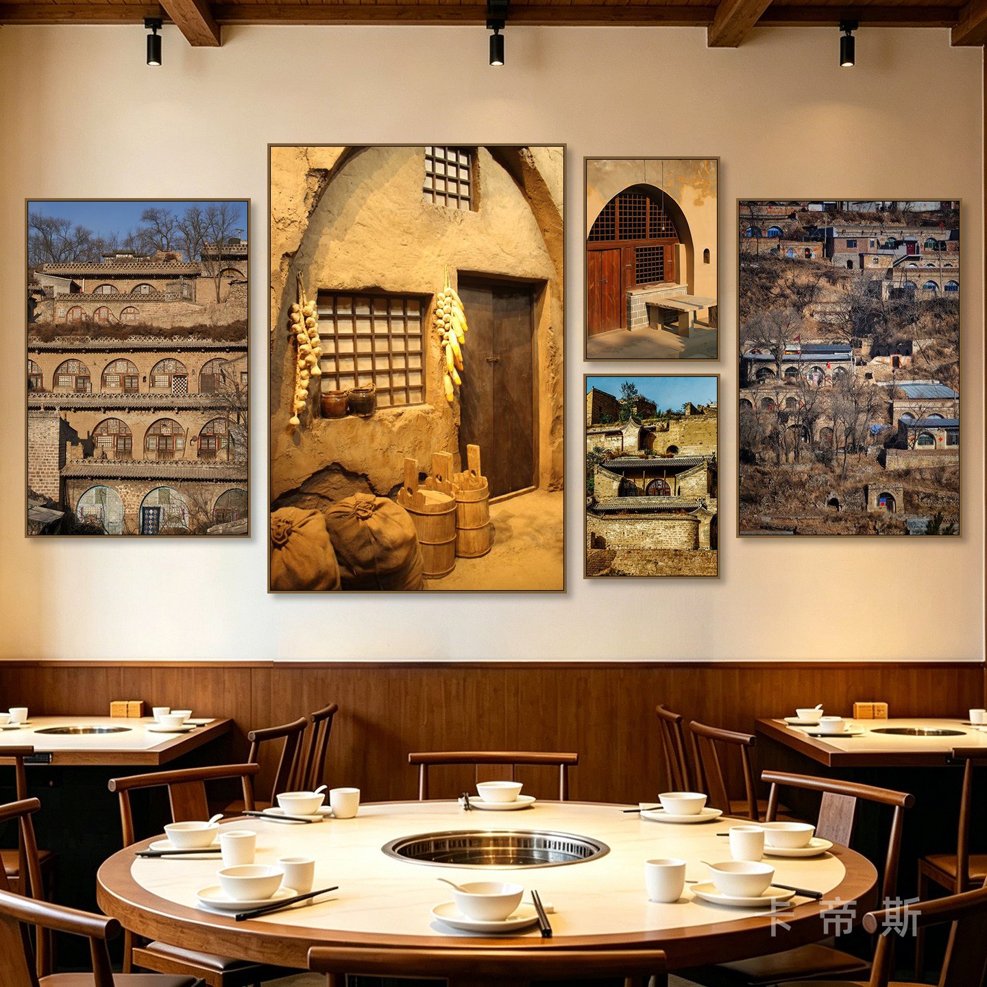 西北建筑窑洞装饰画黄土高原陕北风景挂画怀旧火锅店餐厅照片壁画